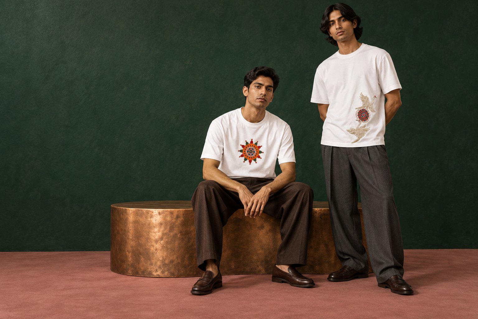 Two models against a deep forest green wall on a dusty rose floor: one seated on a copper bench in the Lotus Mandala tee, the other standing in the Crane Flight tee.