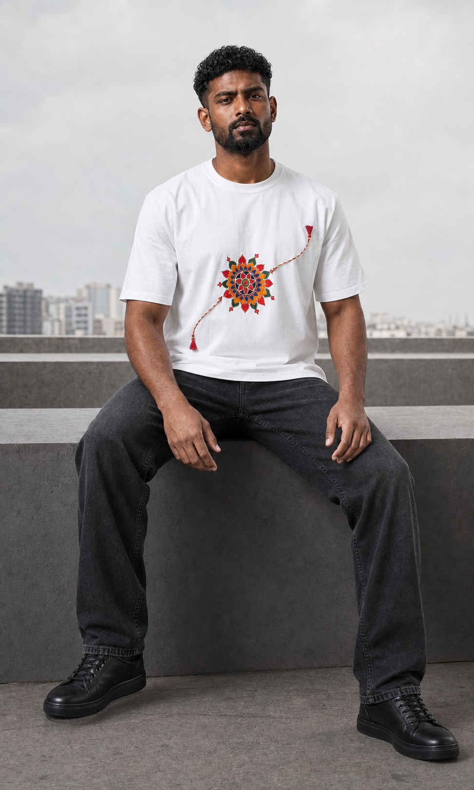 Bandhan Mandala Rakhi — rooftop seated